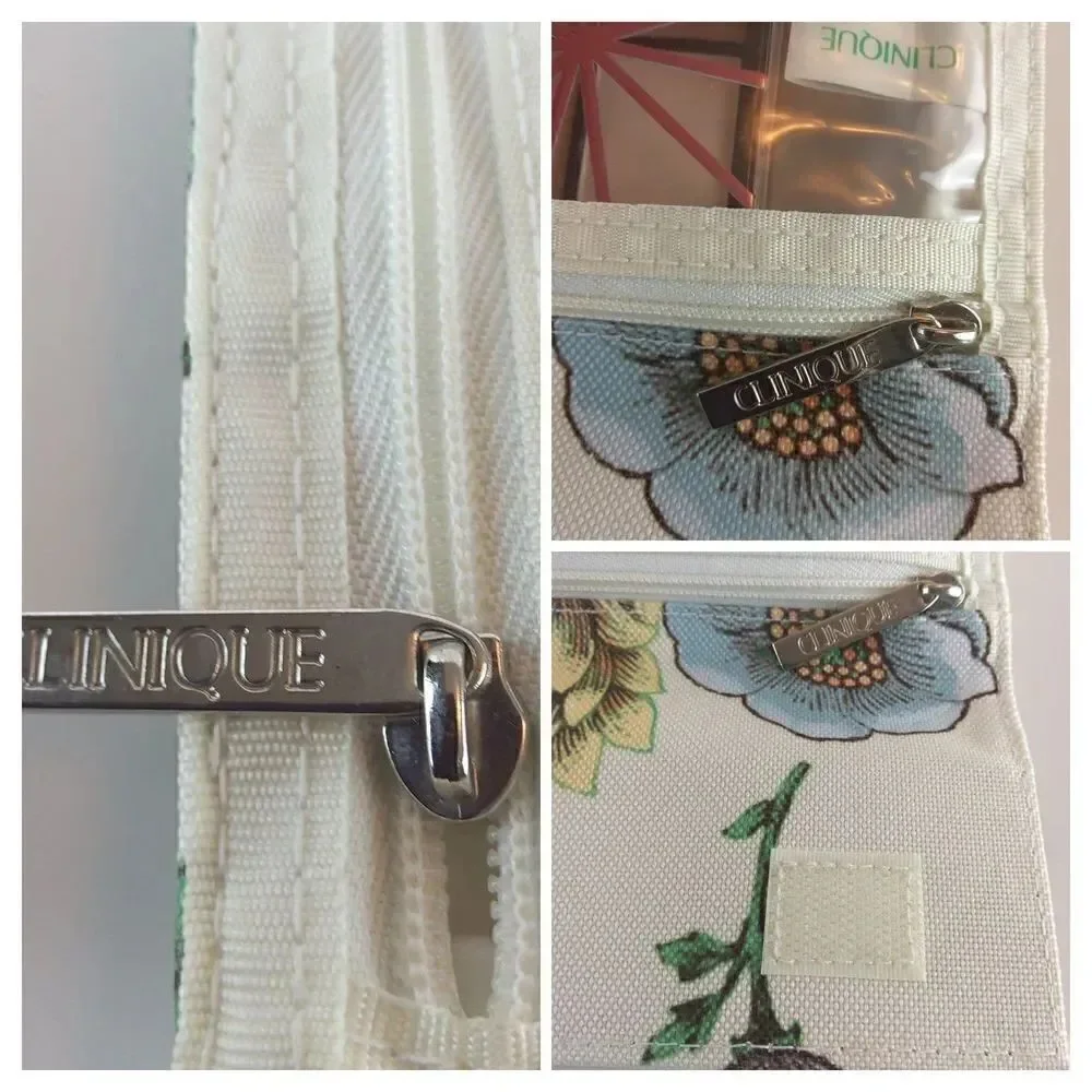 Clinique cream floral print fold over makeup / jewelry bag.